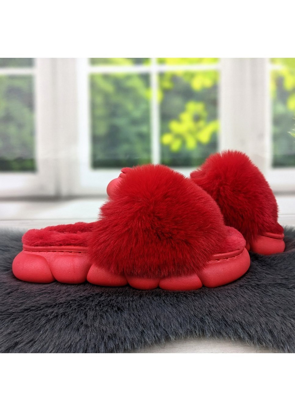 Красные тапочки меховые женские на платформе Lion