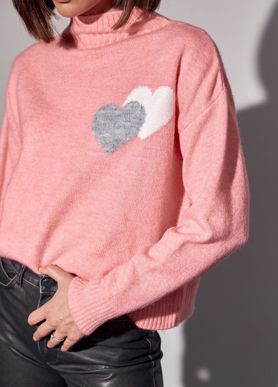 Розовый зимний вязаный свитер с двумя сердечками Lurex