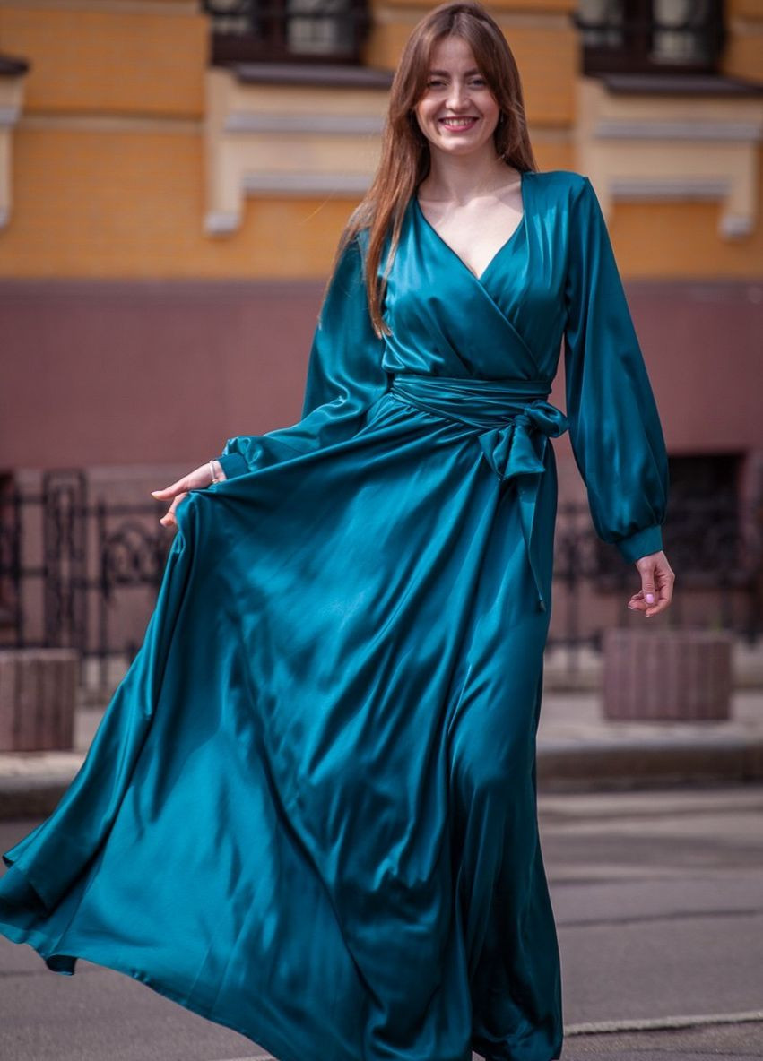Бирюзовое вечернее платье с юбкой-солнце, а-силуэт, на запах JadFashion однотонное