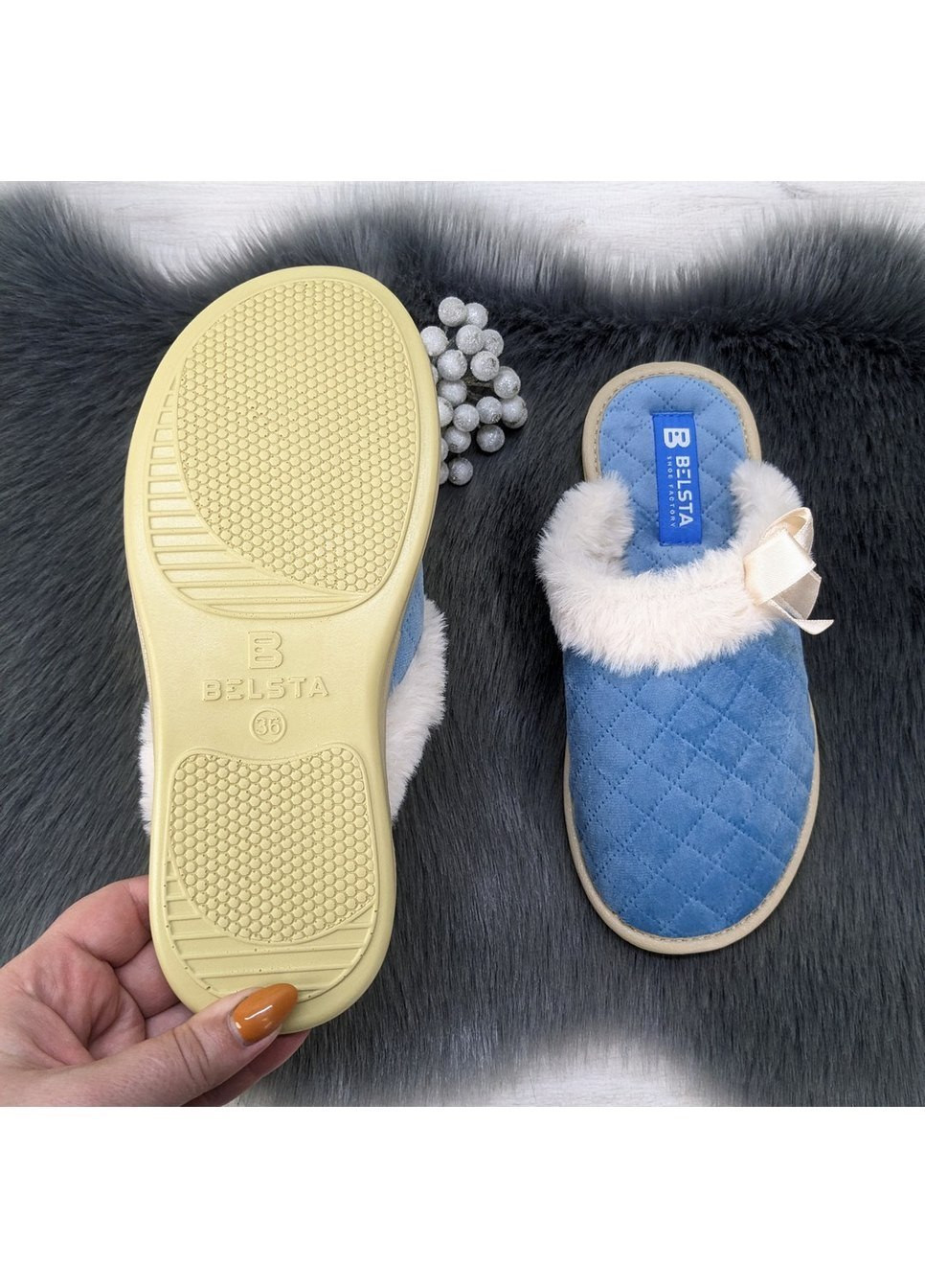 Голубые тапочки женские теплые с закрытым носком Белста