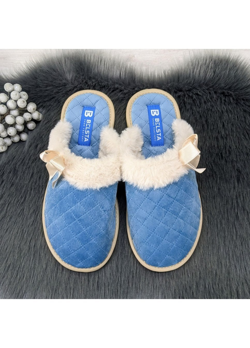 Голубые тапочки женские теплые с закрытым носком Белста