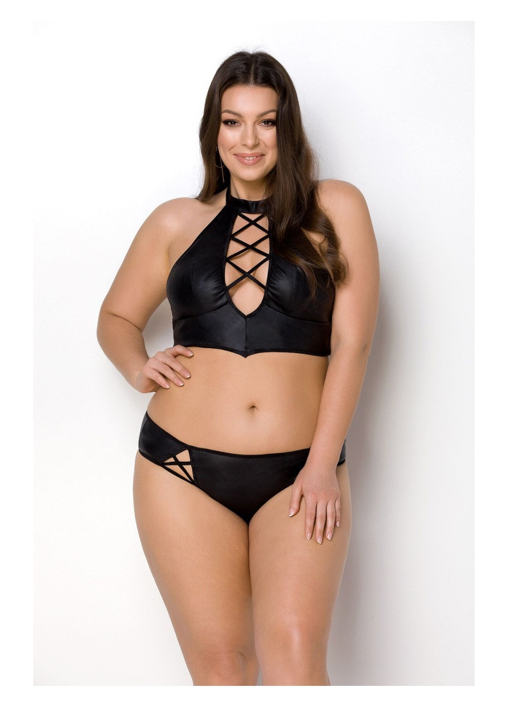 Прозрачный демисезонный комплект из экокожи nancy bikini 4xl/5xl black, бра и трусики с имитацией шнуровки Passion