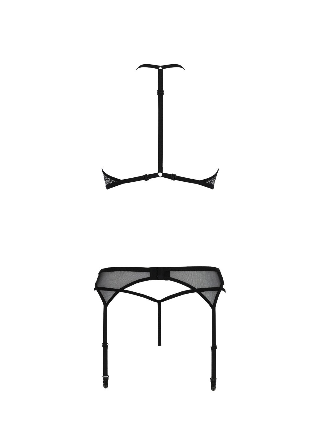 Прозорий демісезонний комплект білизни satara set l/xl black, топ, пояс для панчіх, стрінги Passion