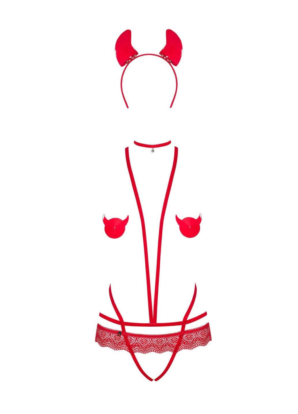 Прозрачный демисезонный эротический костюм чертика из стреп evilia teddy red s/m, боди, чокер, накладки на соски, Obsessive