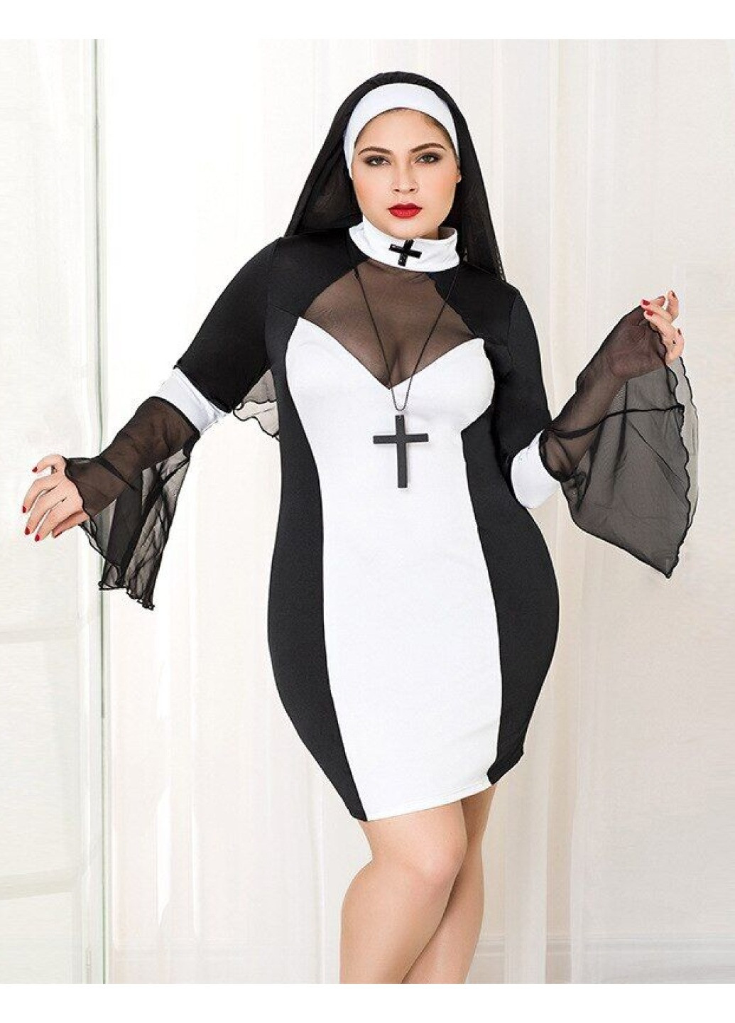 Прозрачный демисезонный эротический костюм монашки «грешница лола» plus size black, платье, крест, апостольник JSY