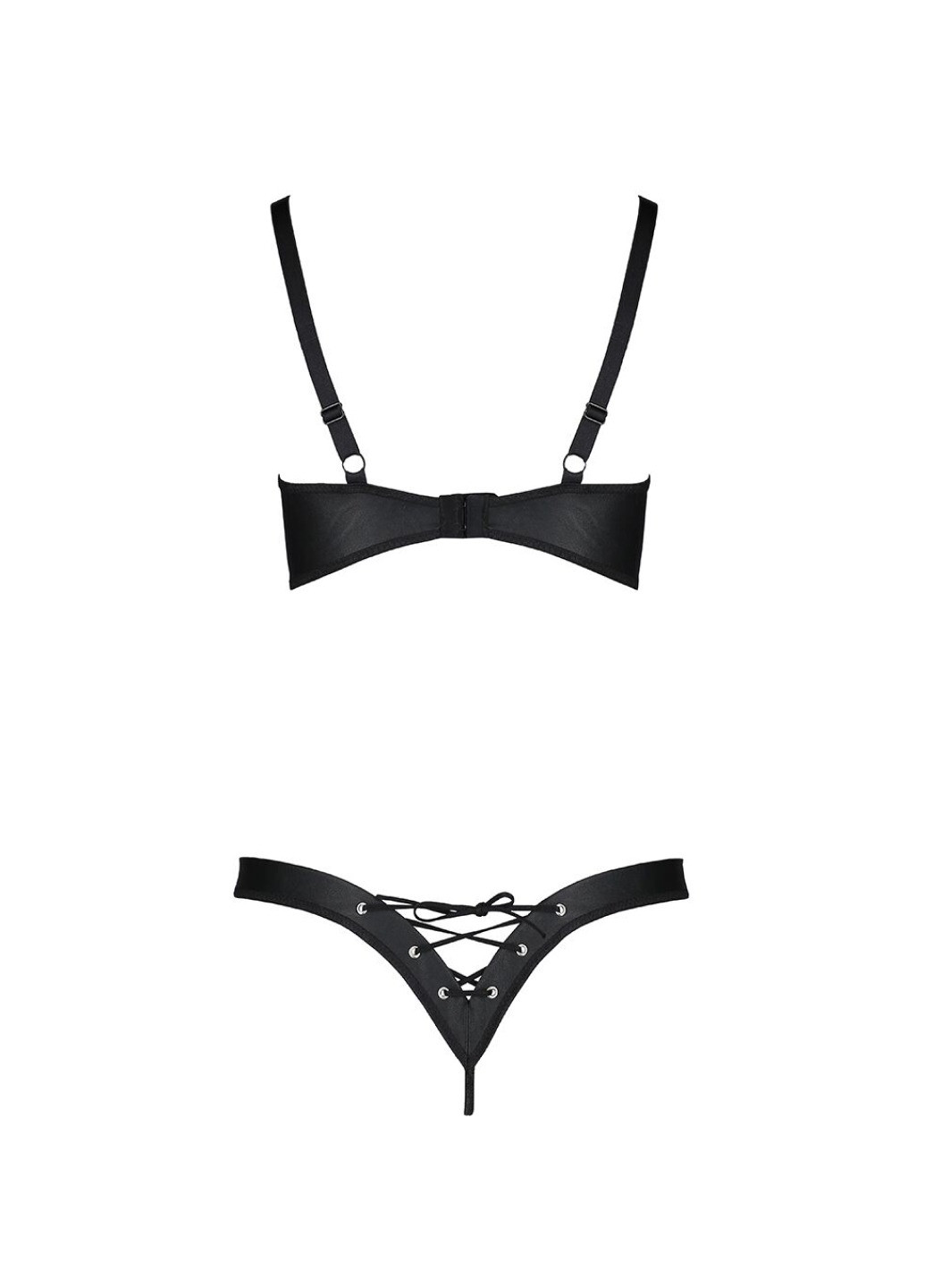 Прозрачный демисезонный комплект из экокожи celine bikini black s/m — : открытый бра с лентами, стринги со шнуровкой Passion