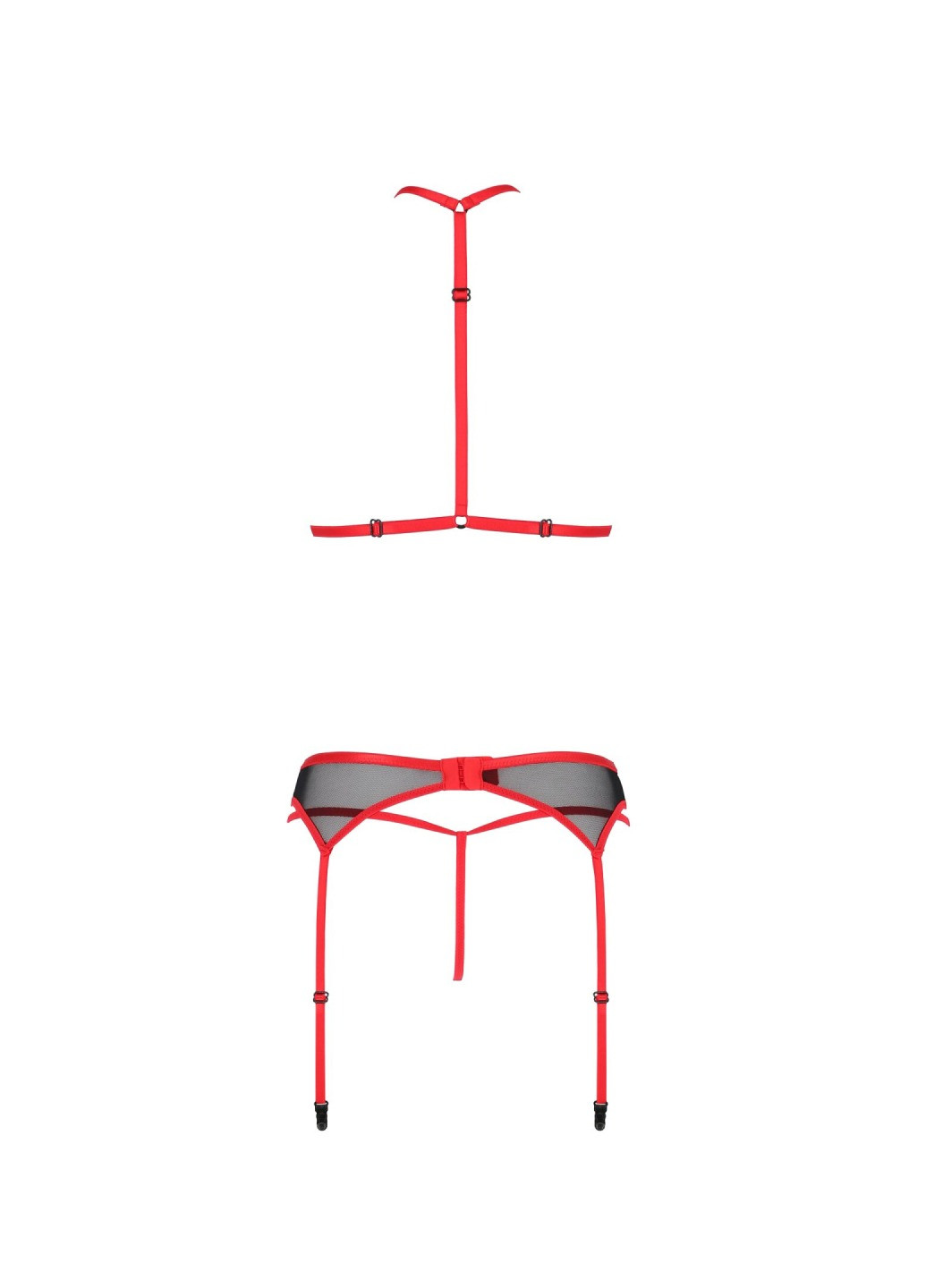 Прозорий демісезонний комплект білизни satara set l/xl red, топ, пояс для панчіх, стрінги Passion
