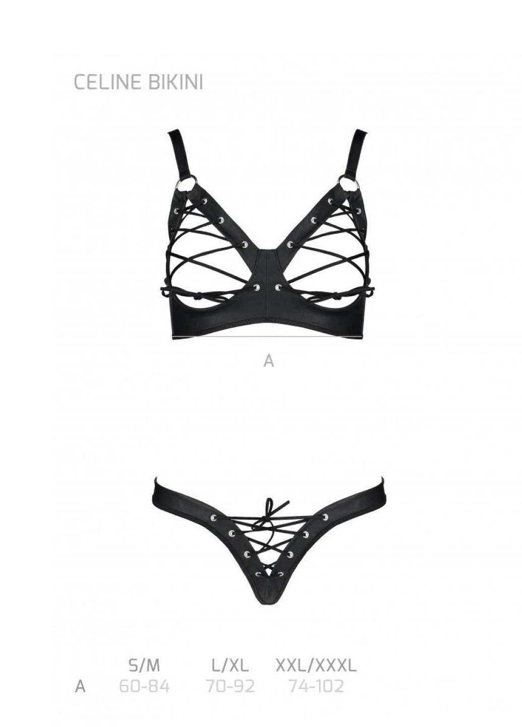 Прозрачный демисезонный комплект из экокожи celine bikini black l/xl — : открытый бра с лентами, стринги со шнуровкой Passion