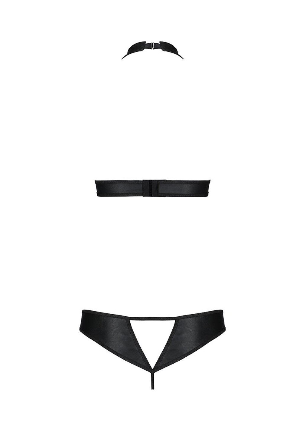 Прозорий демісезонний комплект: відкритий топ та трусики з екошкіри з люверсами malwia set with open bra black s/m — passi Passion