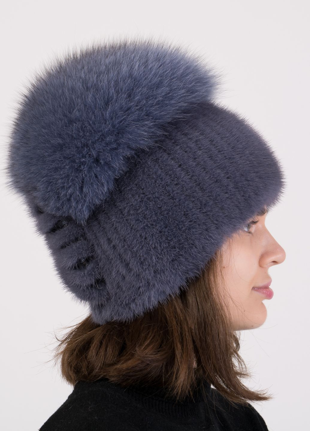 Зимняя женская норковая вязаная шапка с помпоном из меха песца Меховой Стиль стрекоза (274063775)