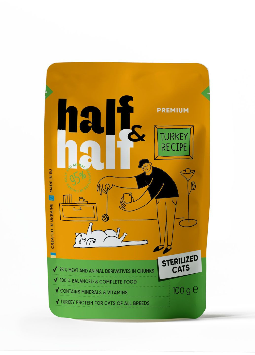 Корм влажный для стерилизованных кошек, кусочки с индейкой в желе в форме пауча, 100 г Half&Half (275105370)