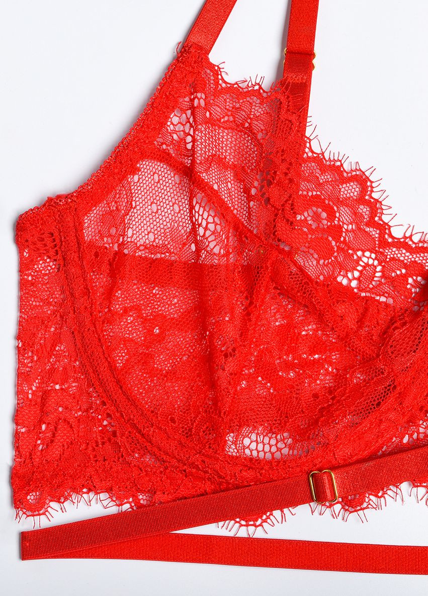Красный демисезонный кружевной соблазнительный комплект портупея пояс гартеры лиф трусики Veronica