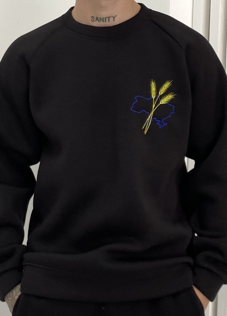 Черный свитшот муж. рокки трехнить с начесом черный с вышивкой карта колосок р. 2xl (52) 4PROFI (275096539)