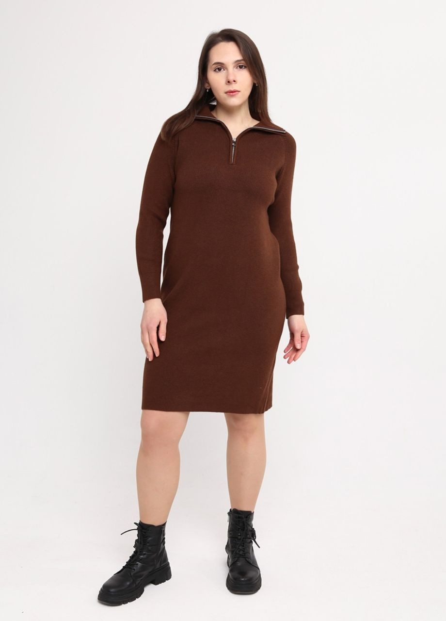 Коричневое повседневный платье женское коричневое прямое воротник на молнии платье-свитер JEANSclub однотонное