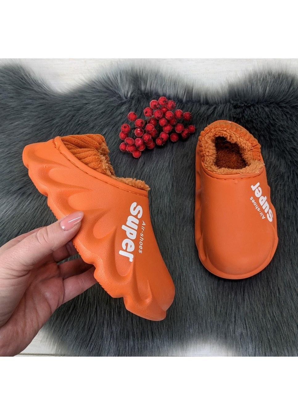 Оранжевые тапочки пена (галоши) на меху с мягким задником Lion
