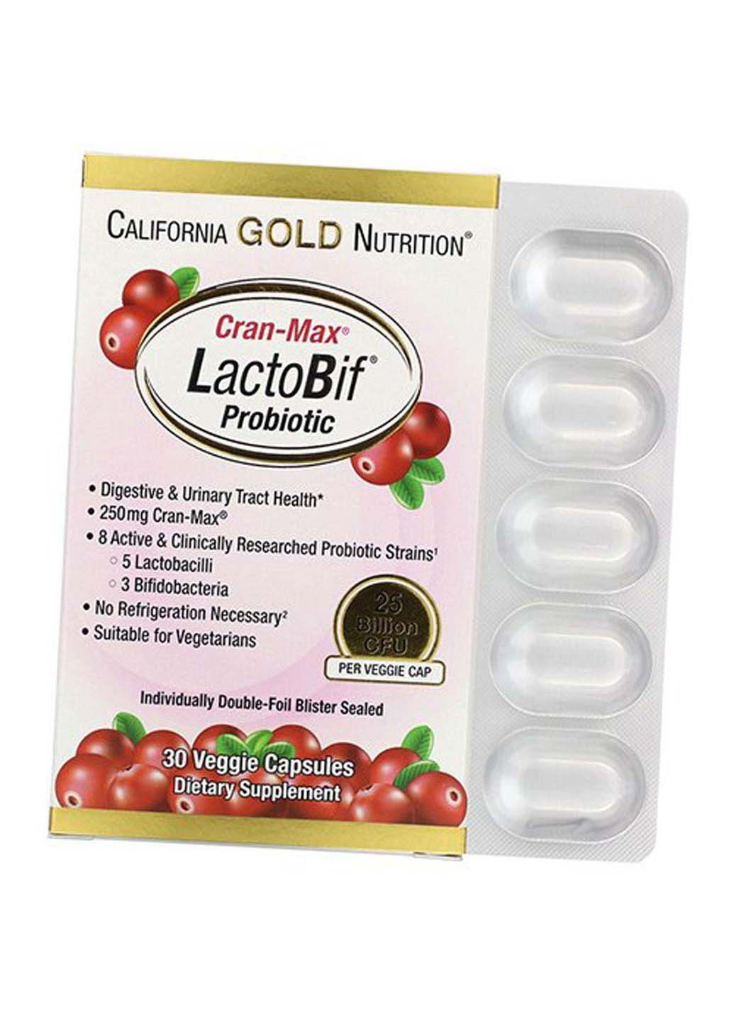 Пробіотики з Журавлинним концентратом LactoBif Probiotics Cran-Max 25 Billion 30вегкапс California Gold Nutrition (275469517)