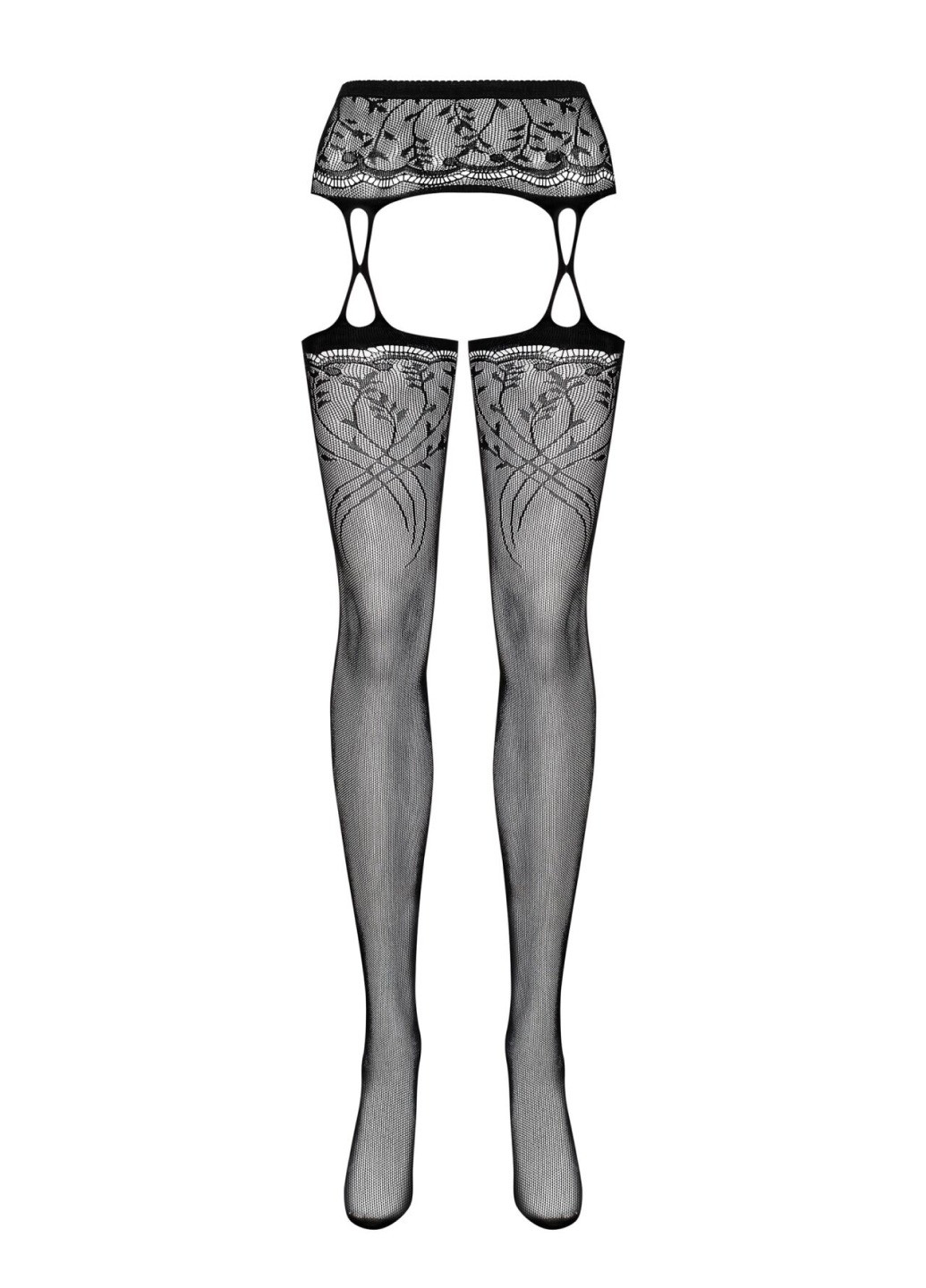 Панчохи-стокінги з рослинним малюнком Garter stockings S206 black S/M/L чорні, імітація га Obsessive (275732966)