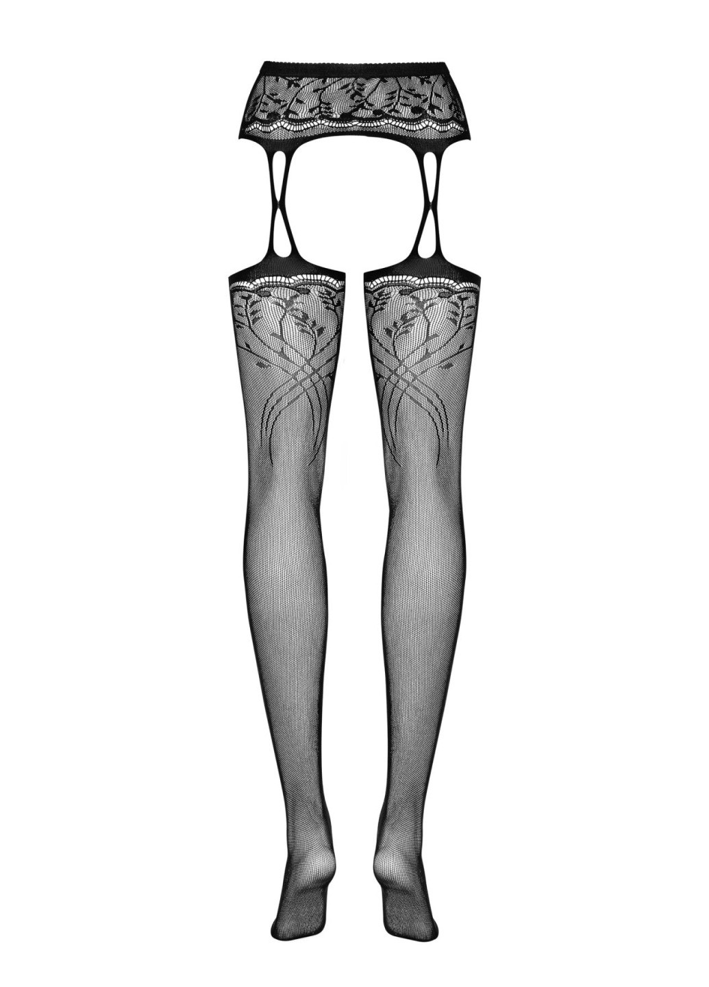 Панчохи-стокінги з рослинним малюнком Garter stockings S206 black S/M/L чорні, імітація га Obsessive (275732966)