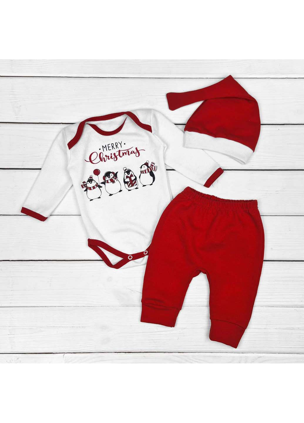 Червоний комплект для новонароджених новорічний із трьох предметів merry christmas з пінгвінами Malena
