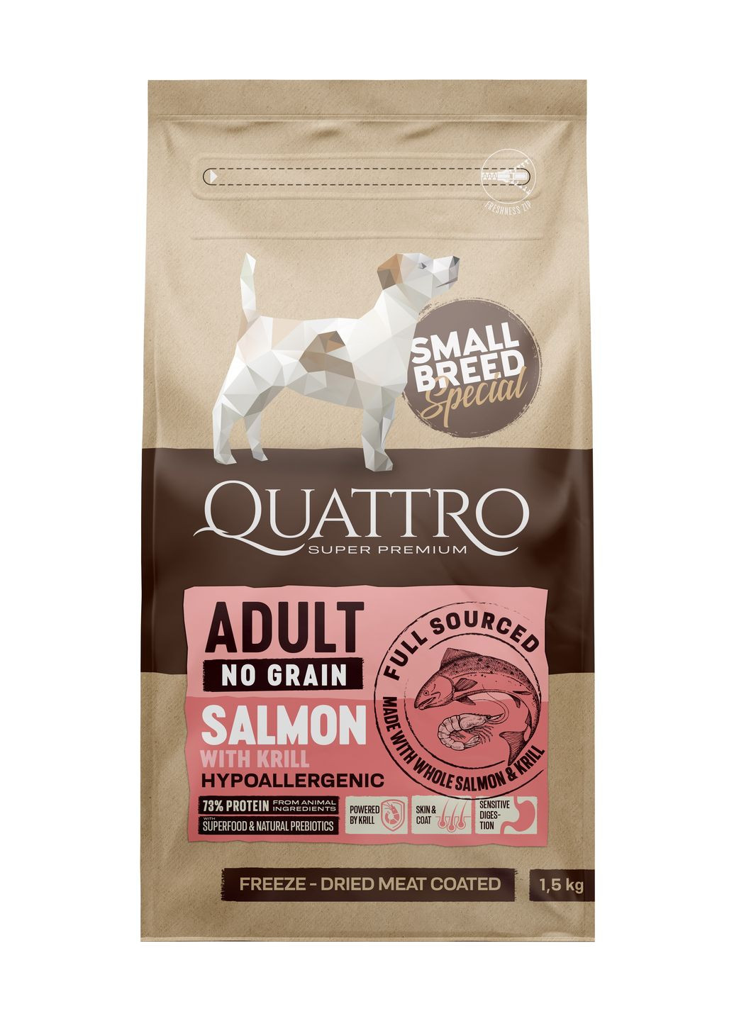 Беззерновой сухой корм для собак малых пород с чувствительным пищеварением Special Small Breed Adult с лососем и крыльями, 1.5 кг Quattro (275997968)