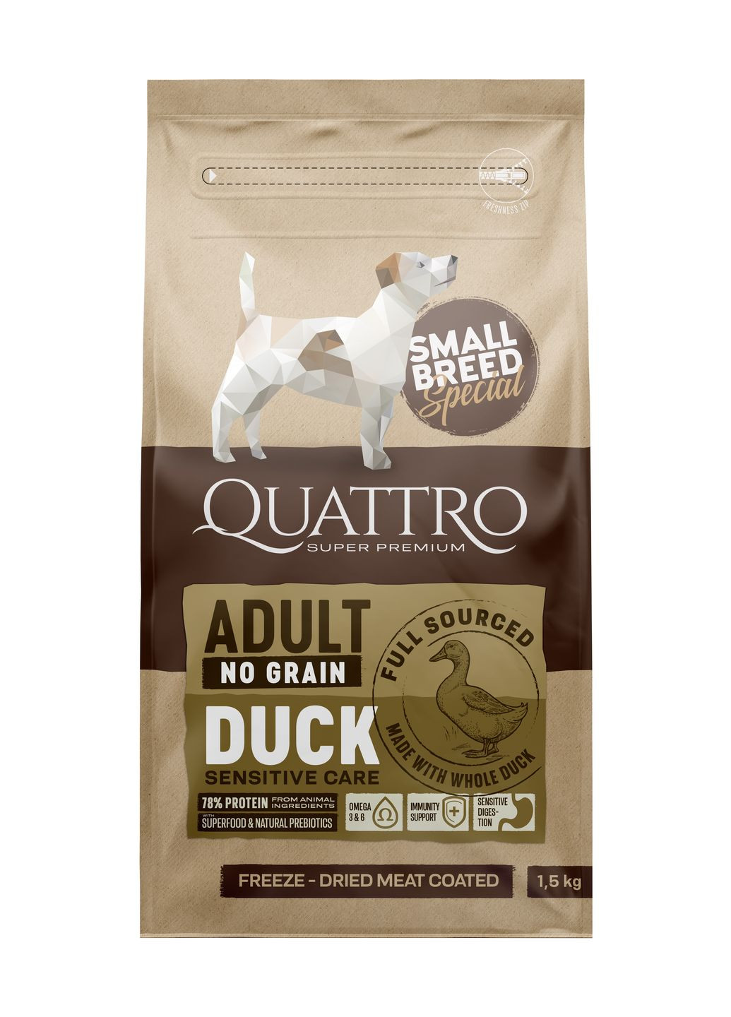 Беззерновий сухий корм для дорослих собак малих порід з чутливим травленням Special Small Breed Adult з качкою, 1.5 кг Quattro (275997942)