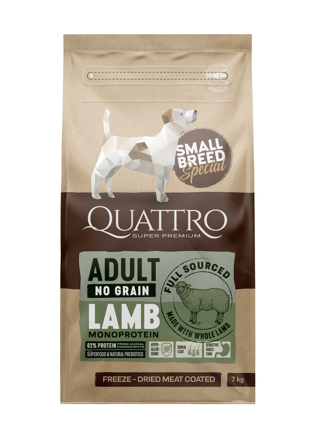 Беззерновой сухой корм для собак малых пород с чувствительным пищеварением Special Small Breed Adult с ягнятиной, 7 кг Quattro (275997962)
