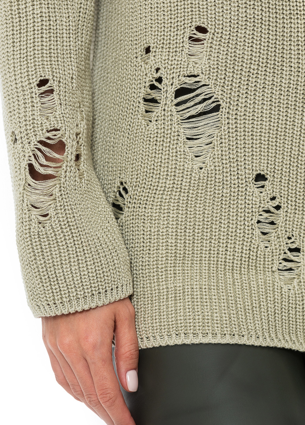 Оливковый женский свитер с дырками. SVTR