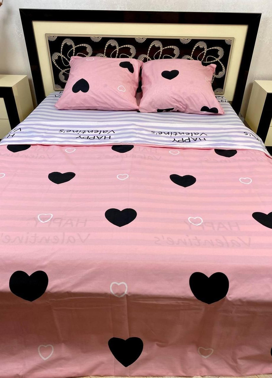 Постільна білизна бавовняна Серця Двоспальна Простирадло на гумці 180x200х20 Бязь Рожева 70 х 70 No Brand (276459240)