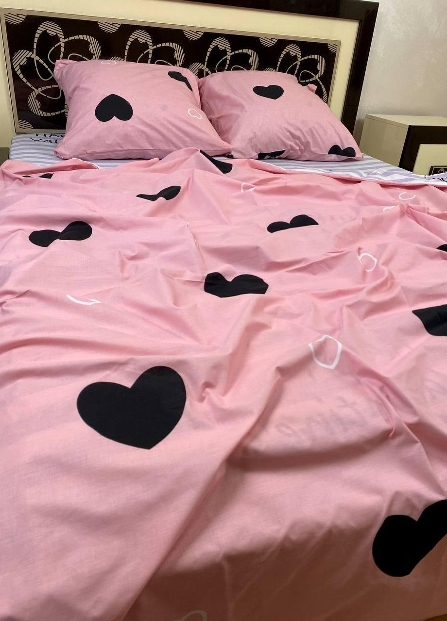 Постільна білизна бавовняна Серця Двоспальна Простирадло на гумці 180x200х20 Бязь Рожева 70 х 70 No Brand (276459240)