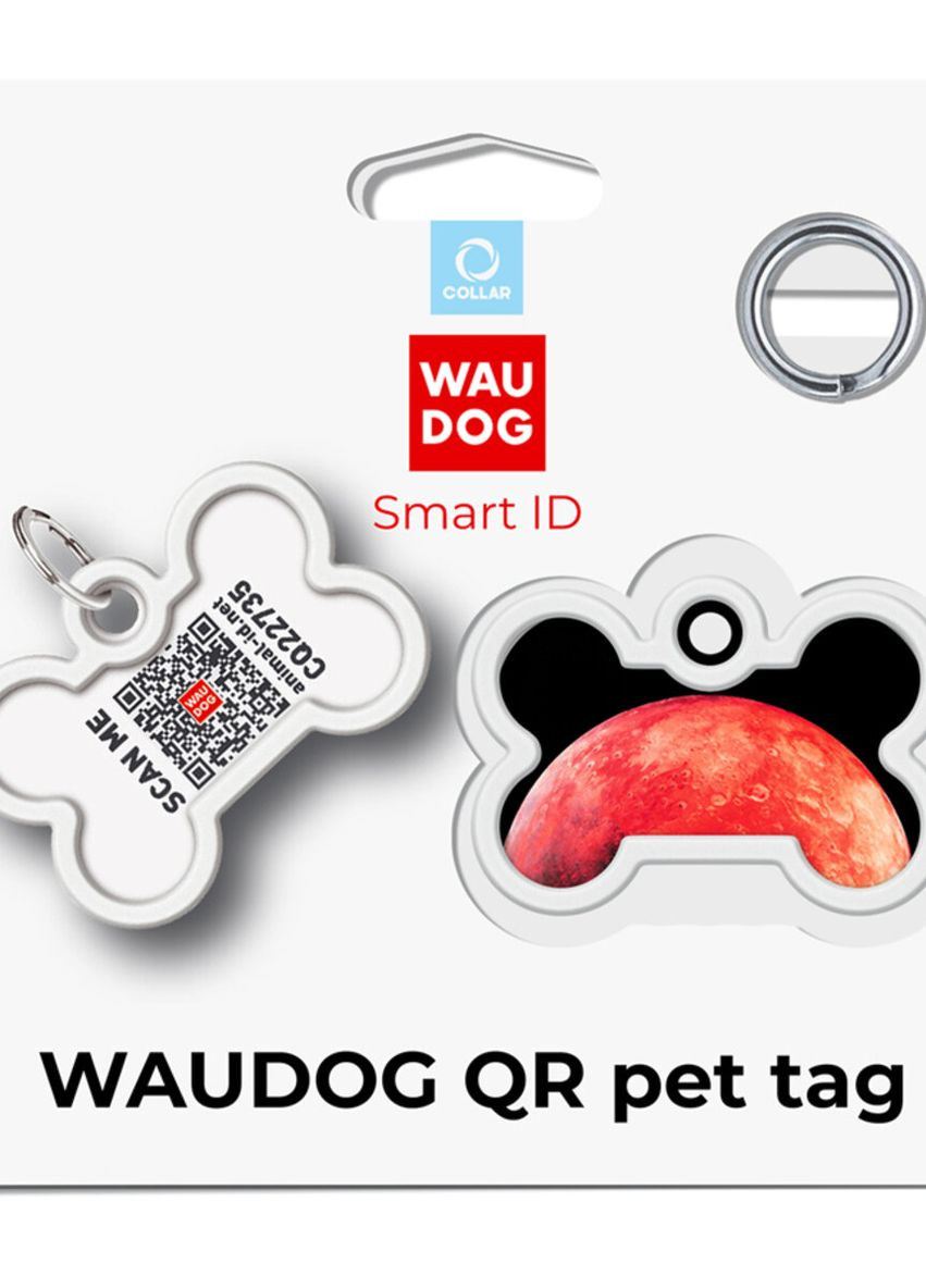 Адресник для собак і котів металевий Smart ID з QR паспортом"Марс", кістка, Д 40 мм, Ш 28 мм WAUDOG (276387051)