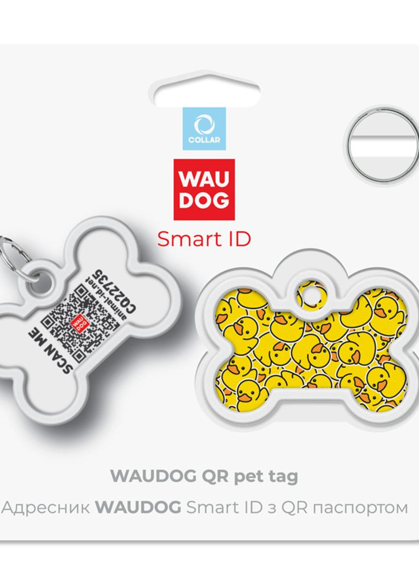 Адресник для собак и кошек металлический Smart ID с QR паспортом "Утки", кость, Д 40 мм, Ш 28 мм WAUDOG (276387514)