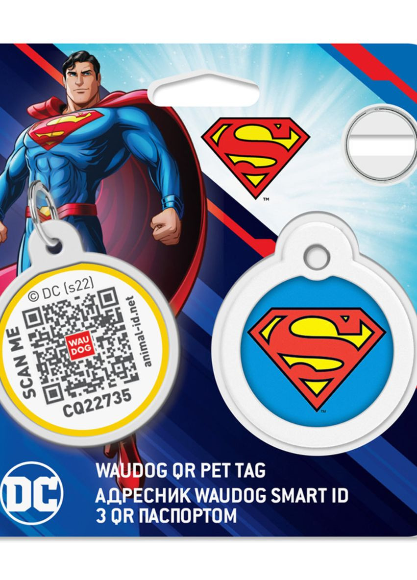 Адресник для собак і котів металевий Smart ID з QR паспортом"Супермен-герой", коло, Д 30 мм WAUDOG (276386955)