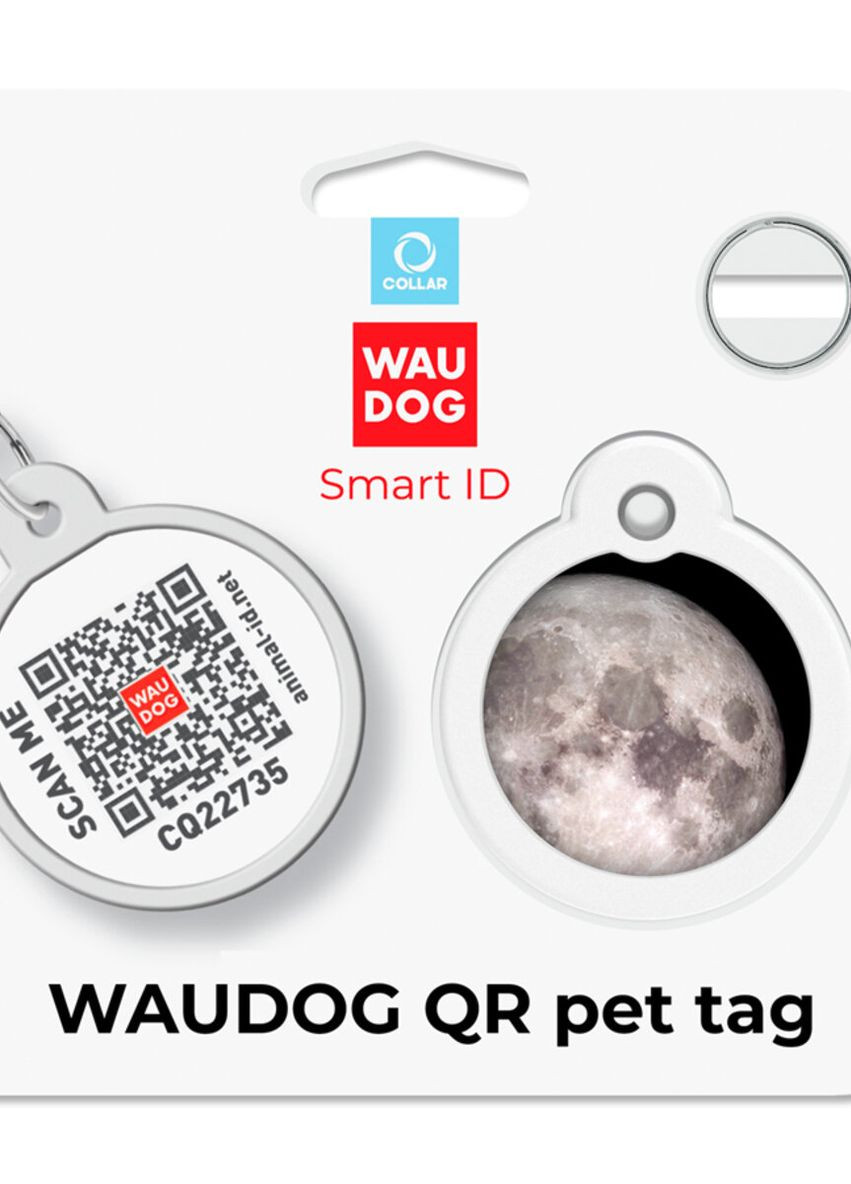 Адресник для собак і котів металевий Smart ID з QR паспортом"Місяць", коло, Д 30 мм WAUDOG (276386971)