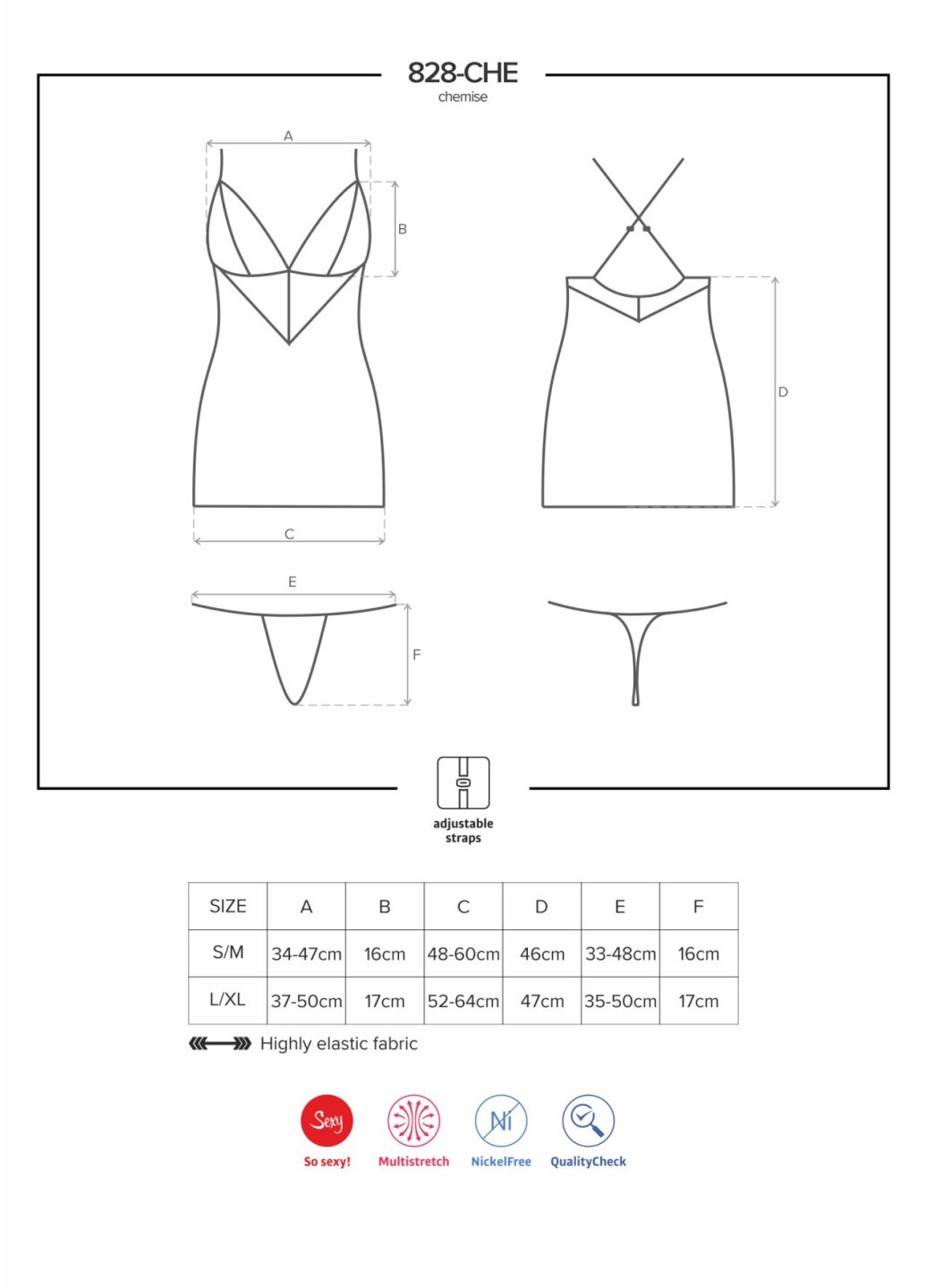 Сатиновий комплект для сну з мереживом 828-CHE-1 chemise & thong L/XL, чорний, сорочка, ст Obsessive (276392858)