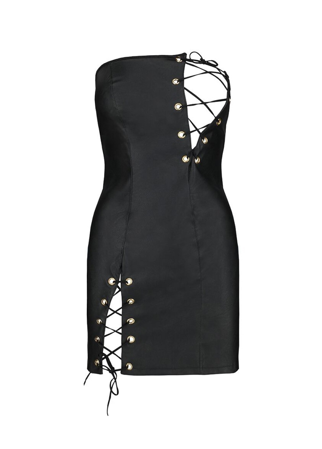Мини-платье из экокожи CELINE CHEMISE black S/M — : шнуровка, трусики в комплекте Passion (276392836)