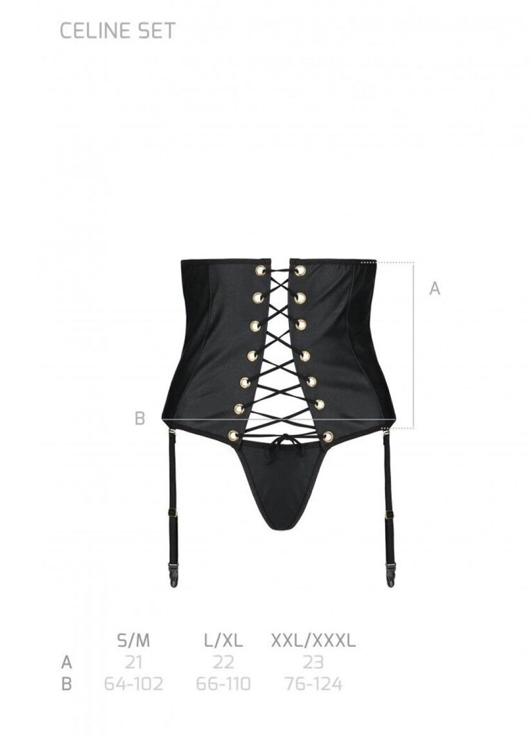 Пояс-корсет з екошкіри Celine Set black L/XL — : шнурівка, знімні пажі для панчіх, стрінги Passion (276392827)