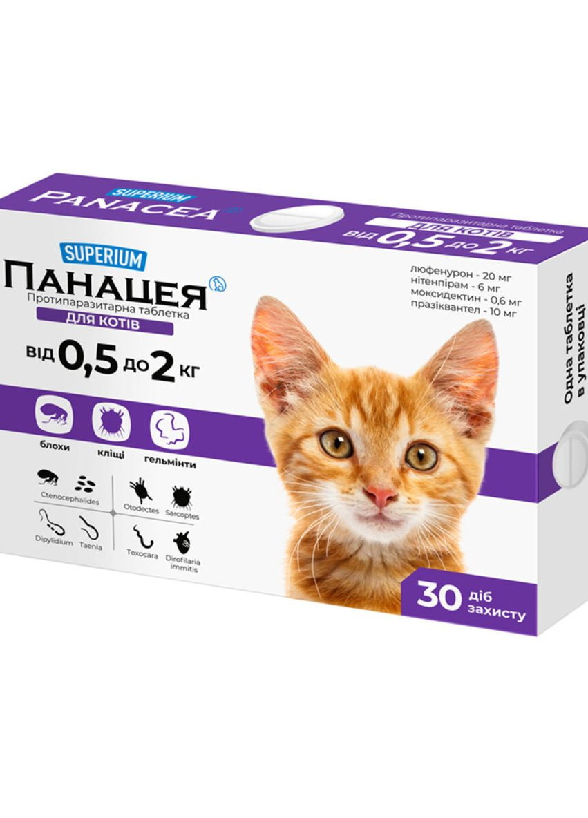 СУПЕРИУМ Панацея, противопаразитарные таблетки для кошек 0,5-2 кг Superium (276470544)