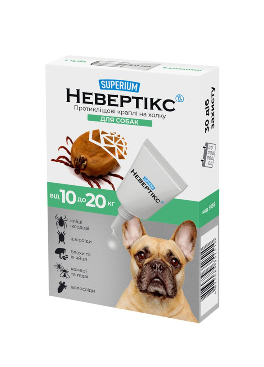 СУПЕРІУМ Невертікс, протикліщові краплі на холку для собак, 10-20 кг Superium (276470543)