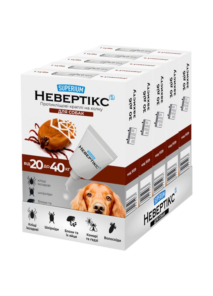 СУПЕРИУМ Невертикс, противоклещевые капли на холке для собак, 20-40 кг Superium (276470533)