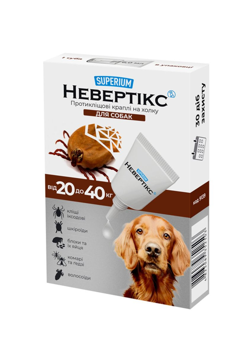 СУПЕРІУМ Невертікс, протикліщові краплі на холку для собак, 20-40 кг Superium (276470533)