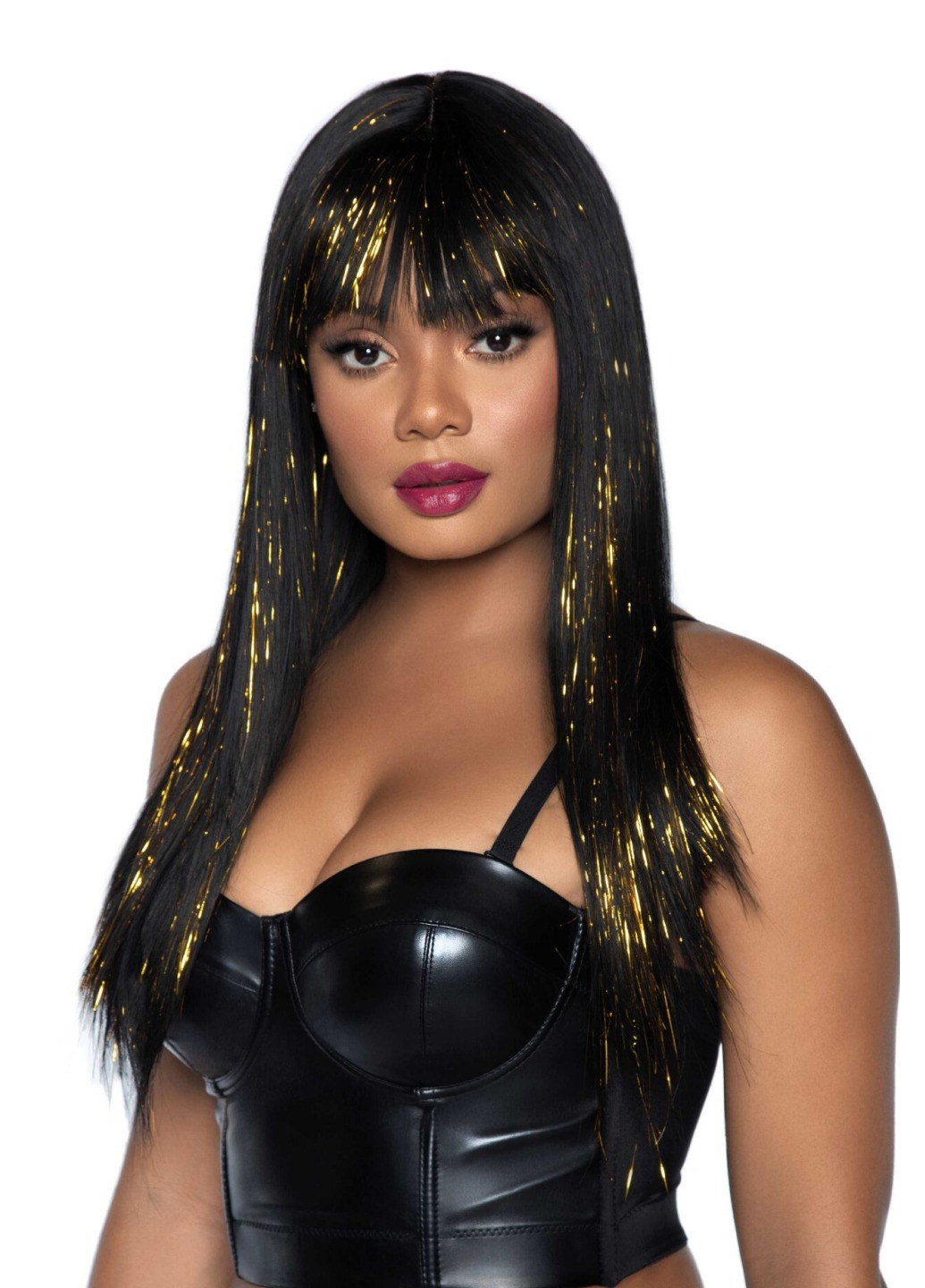 Чорна перука із золотими пасмами Long bang wig with tinsel, 60 см Leg Avenue (276470251)
