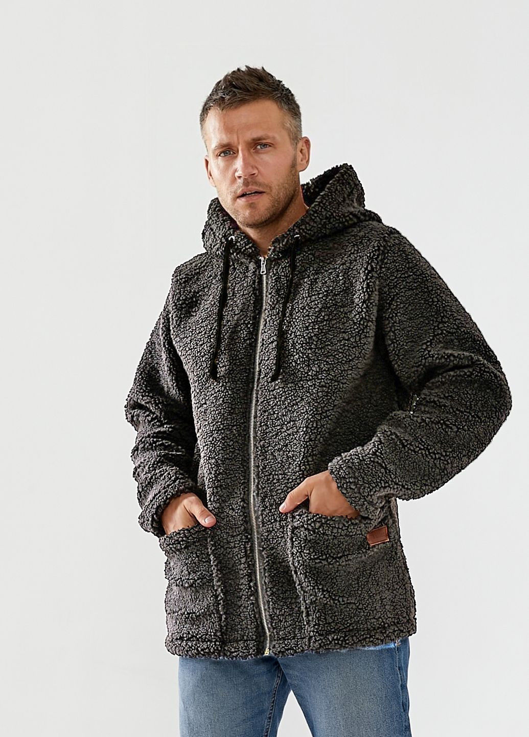 Серая демисезонная утепленная куртка из эко-меха (ткань big teddy) Tailer