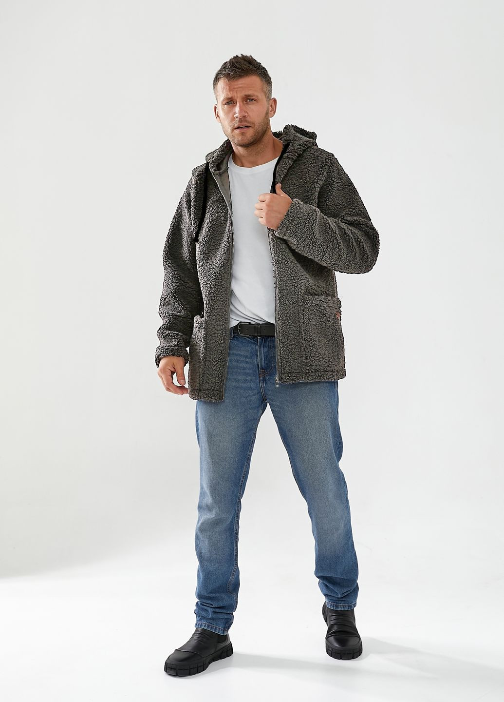 Сіра демісезонна утепленна куртка з еко-хутра (тканина big teddy) Tailer