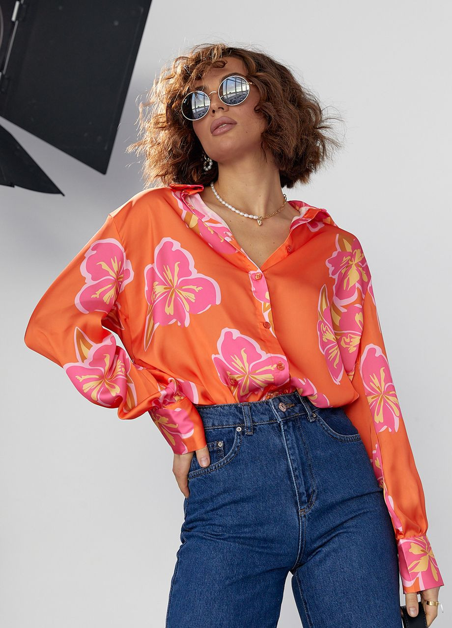 Помаранчева демісезонна шовкова блуза на гудзиках з квітковим візерунком Lurex