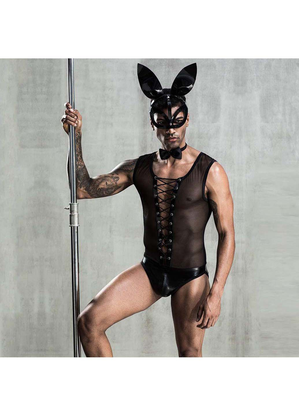 Чорний демісезонний еротичний чоловічий костюм з маскою зайчика джонні JSY