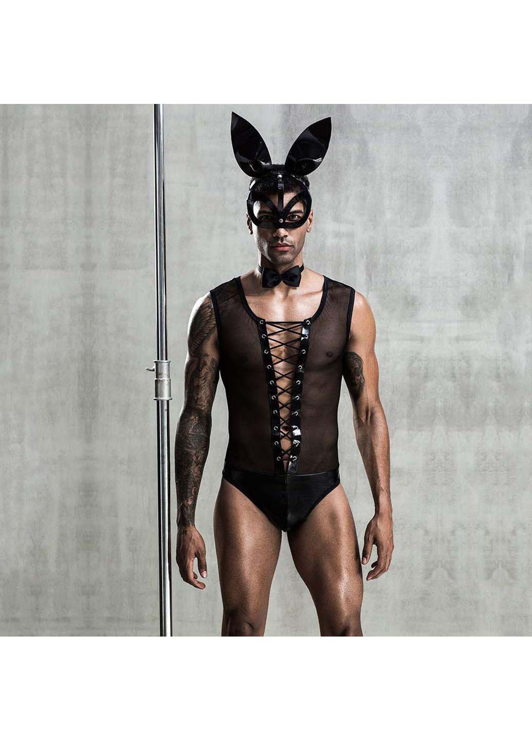 Чорний демісезонний еротичний чоловічий костюм з маскою зайчика джонні JSY