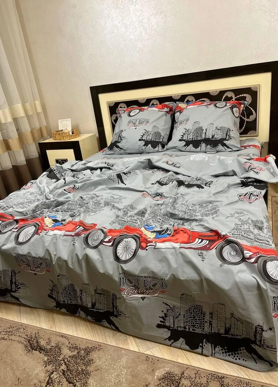 Постельное белье хлопковое Машинки Полуторное 150 x 220 Бязь Серый 50 х 70 No Brand (276974390)