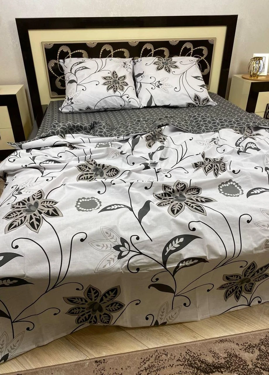 Постельное белье хлопковое Цветы Полуторное 150 x 220 Бязь Серый 70 х 70 No Brand (276974869)