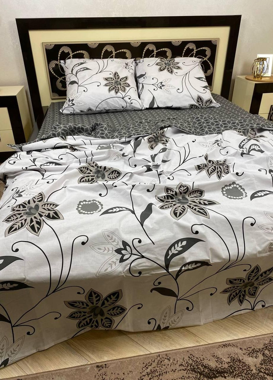 Постільна білизна бавовняна Квіти Півтораспальна 150 x 220 Бязь Сірий 50 х 70 No Brand (276974394)