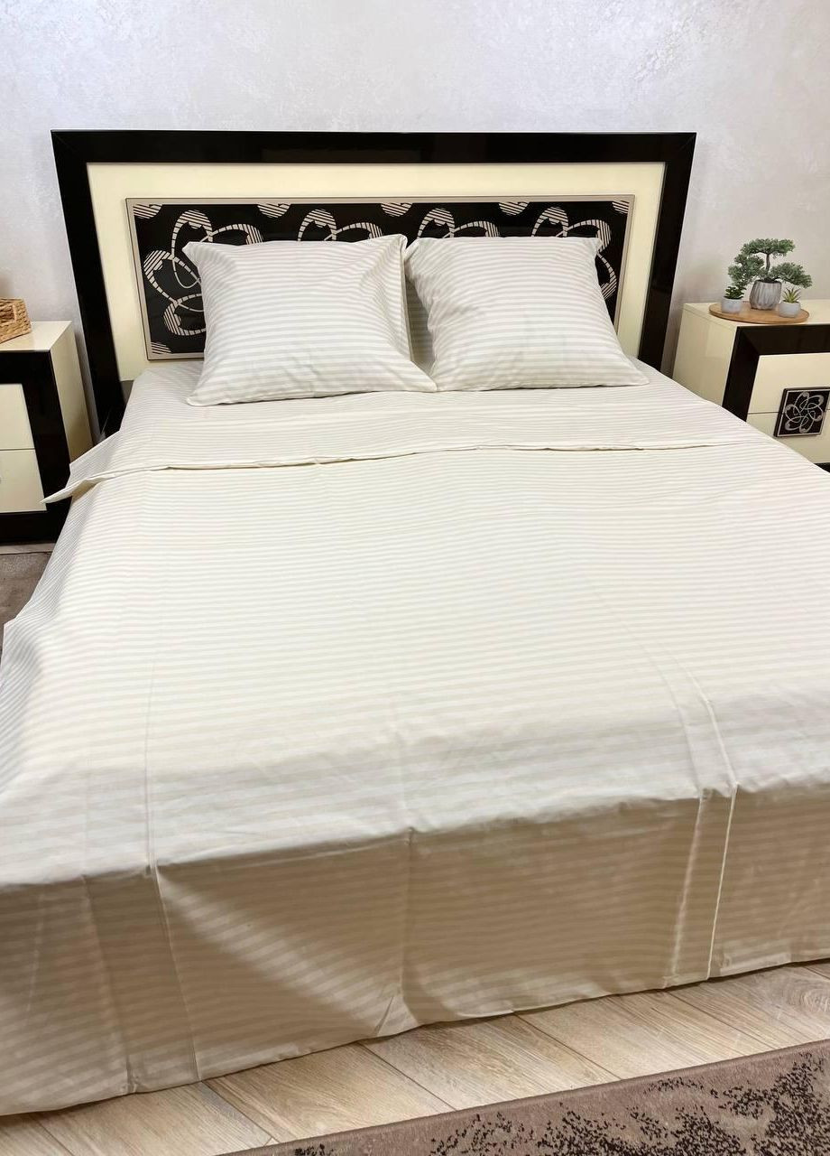 Постільна білизна бавовняна Смужка Євро Простирадло на гумці 180x200х20 Бязь Бежевий 70 х 70 No Brand (276974430)